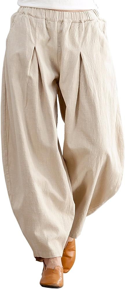 IXIMO Women's Casual Cotton Linen Baggy Pants with Elastic Waist Relax Fit Lantern Trouser | Amazon (US)