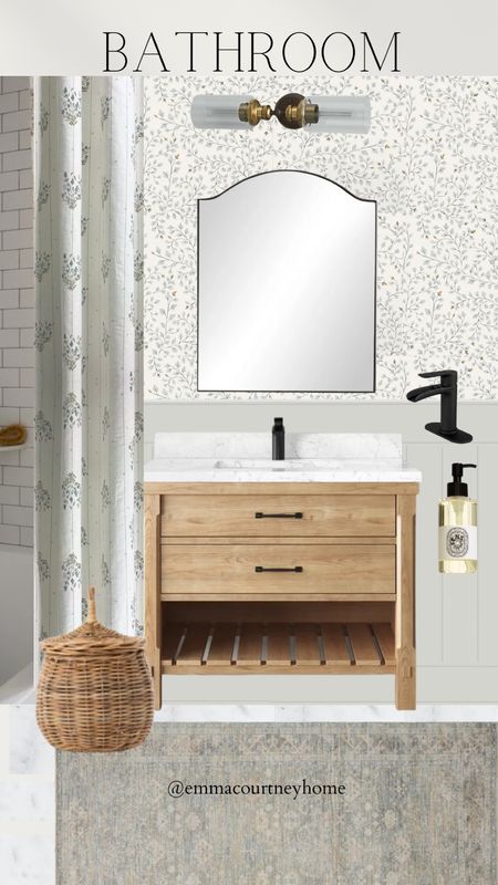 Floral countryside bathroom inspiration mood board. 

Wood bathroom vanity marble top. Floral wallpaper. Block print curtain. Shiplap. Countryside inspired  

#LTKstyletip #LTKFind #LTKhome