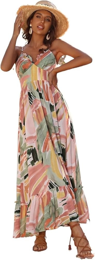 FDSUFDY Womens Dresses Brush Print Frill Back Ruffle Hem Maxi Cami Dress (Size : Small) | Amazon (US)