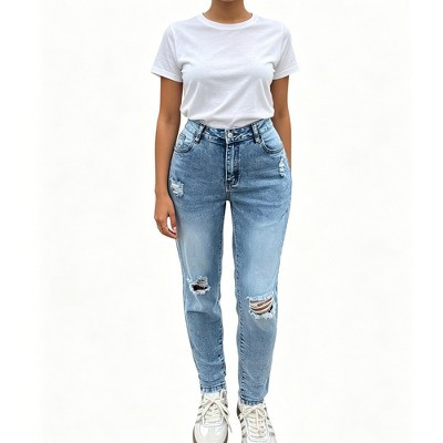 Women High Waist Distressed Skinny Jeans Frayed Ripped Knees Stretch Slim Fit Ankle Length Five Pocket Denim Pants,BLUE,S | Target
