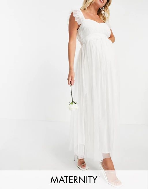 Anaya With Love Maternity Bridesmaid tulle flutter sleeve midaxi dress in white | ASOS (Global)