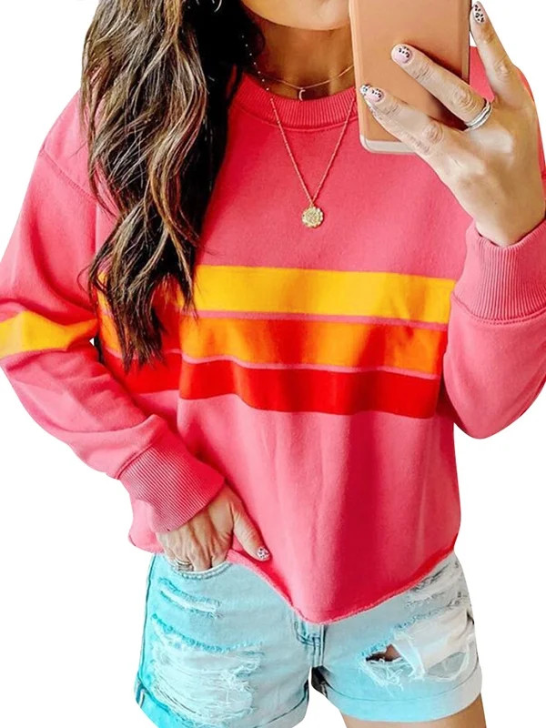 Women Striped Round Neck Long Sleeve Colorblock Sweatshirts - Walmart.com | Walmart (US)