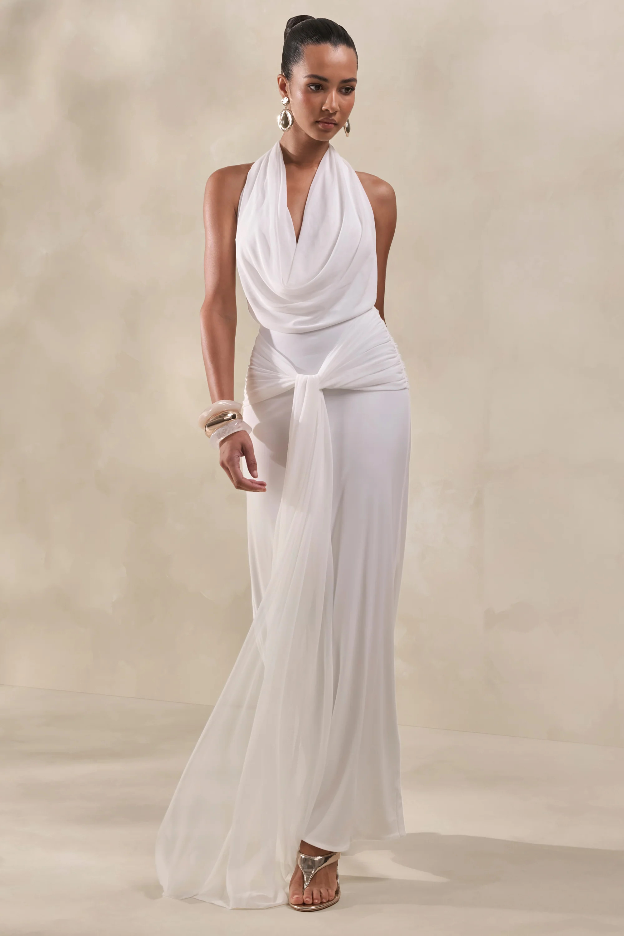 Rosetide | White Cowl-Neck Maxi Dress With Gathered-Detailing And Sash | Club L London