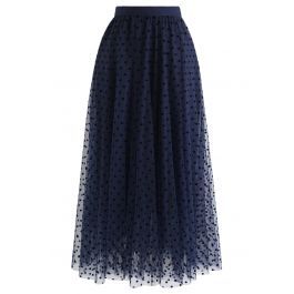Full Polka Dots Double-Layered Mesh Tulle Skirt in Navy | Chicwish