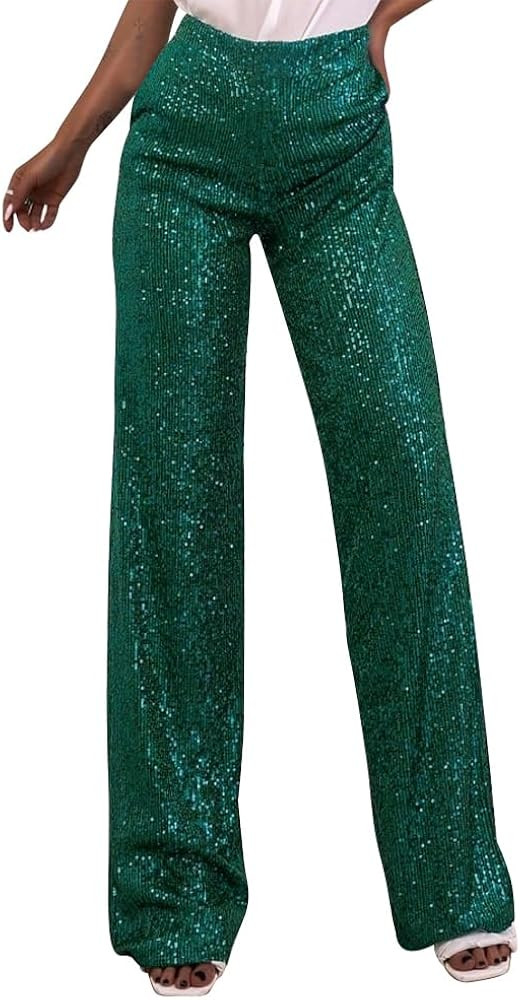 ODIZLI Womens Wide Leg Sparkle Sequin Pants Elastic High Waisted Bling Glitter Dance Pants | Amazon (US)