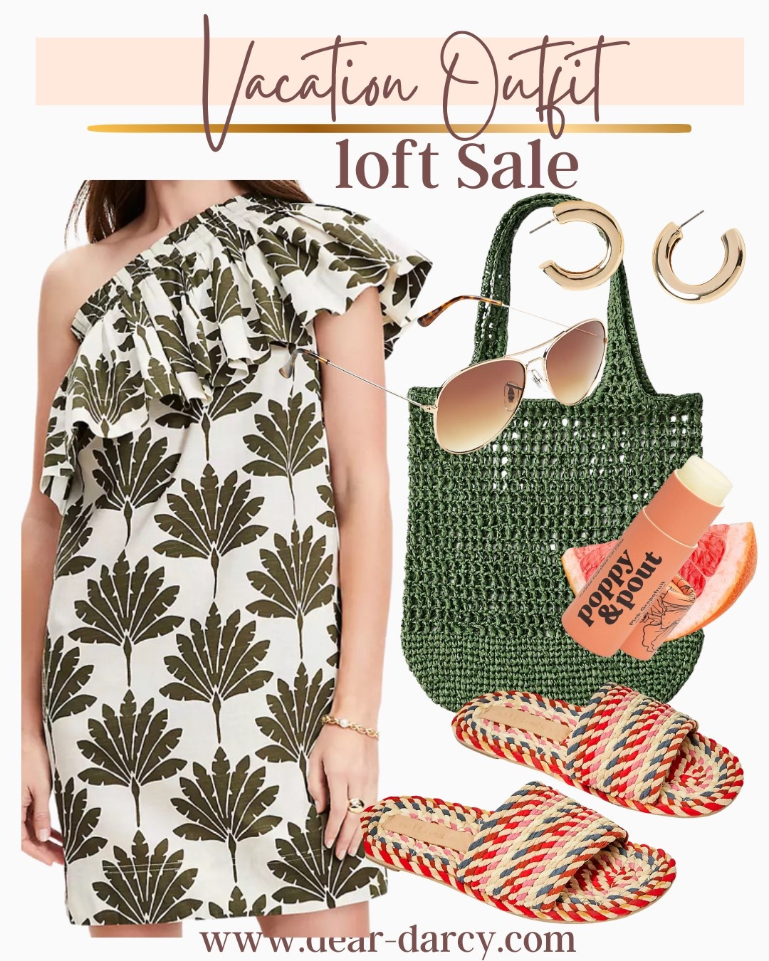Loft Sale

Vacation outfit idea

Palm one shoulder dress 
Cute tote bag
Fun colorful woven slides
Gold hoops 
Great lip balm pout

#LTKStyleTip #LTKTravel #LTKSaleAlert