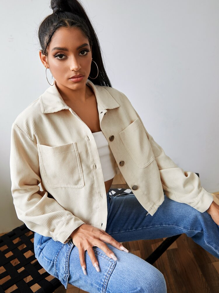 SHEIN Pocket Detail Button Up Corduroy Jacket | SHEIN