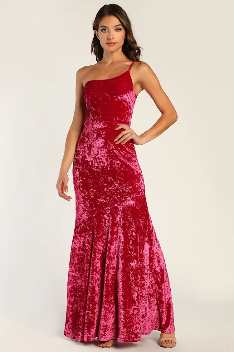 Dreamiest Look Hot Pink Crushed Velvet One-Shoulder Maxi Dress | Lulus (US)