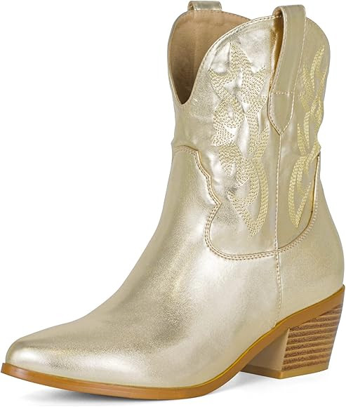 STALOV Short Cowgirl Boots for Women Embroidered Cowboy Ankle Boots,Pointed Toe Low Chunky Heel P... | Amazon (US)