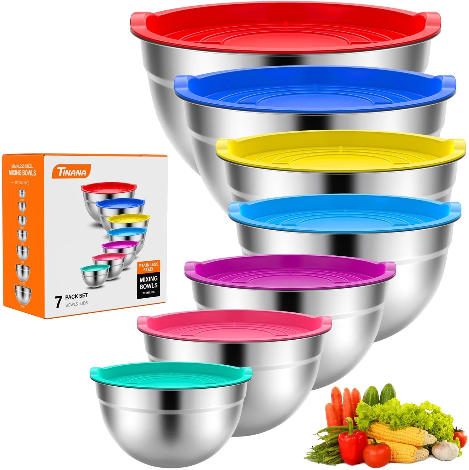 TINANA Mixing Bowls with Lids: 7PCS Stainless Steel Mixing Bowls Set, Metal Nesting Mixing Bowls ... | Walmart (US)