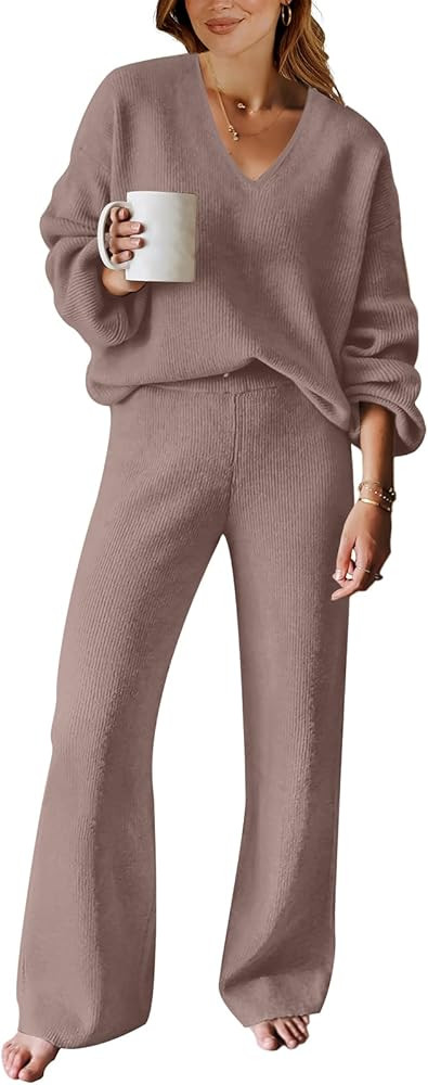 ANRABESS Women's Two Piece Outfits Sweater Sets Long Sleeve V Neck Knit Pullover and Wide Leg Pan... | Amazon (US)