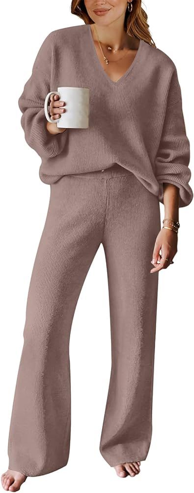 ANRABESS Women's Two Piece Outfits Sweater Sets Long Sleeve V Neck Knit Pullover and Wide Leg Pan... | Amazon (US)