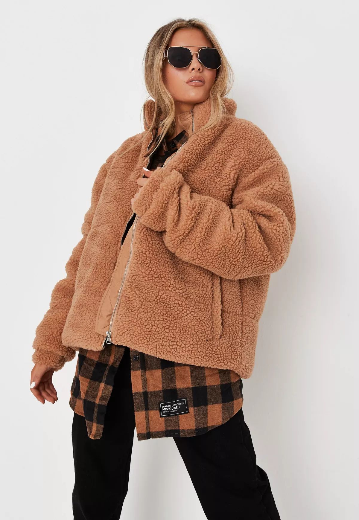 Petite Toffee All Over Borg Teddy Puffer Jacket | Missguided (US & CA)