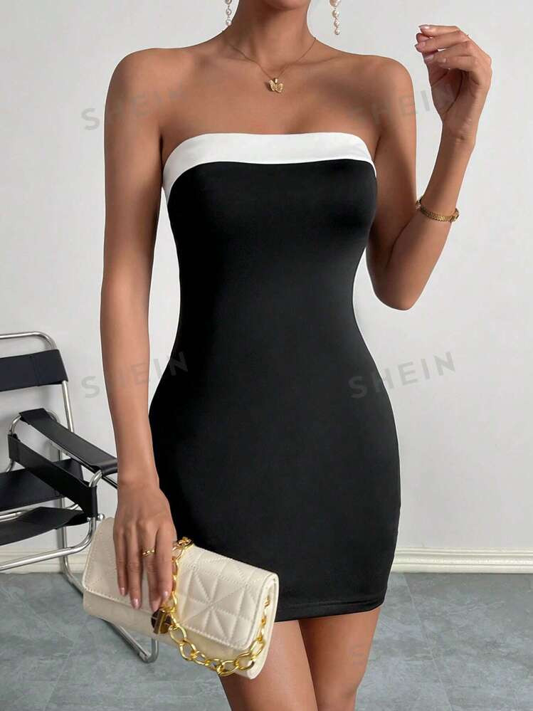 Firerie Contrast Trim Tube Bodycon Off Shoulder Evening Dress | SHEIN