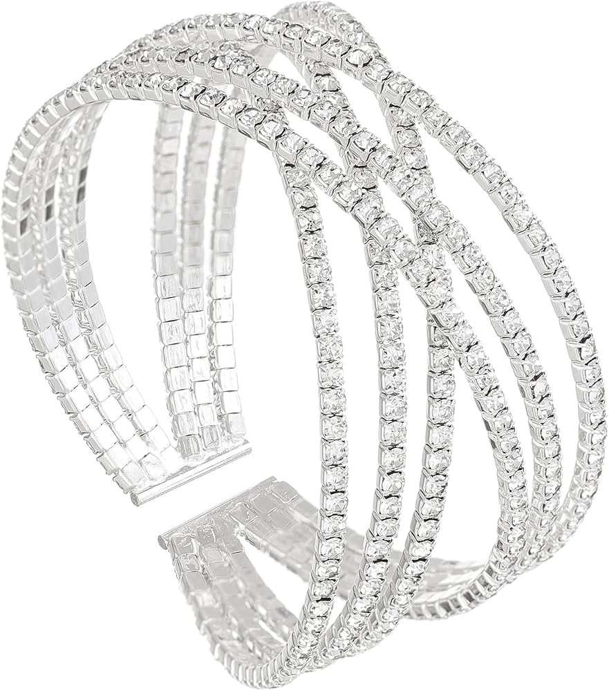 Sparkly Multi-layer Cross Rhinestone Crystal Cuff Bracelet Bangle for Women Costume Jewelry Forma... | Amazon (US)