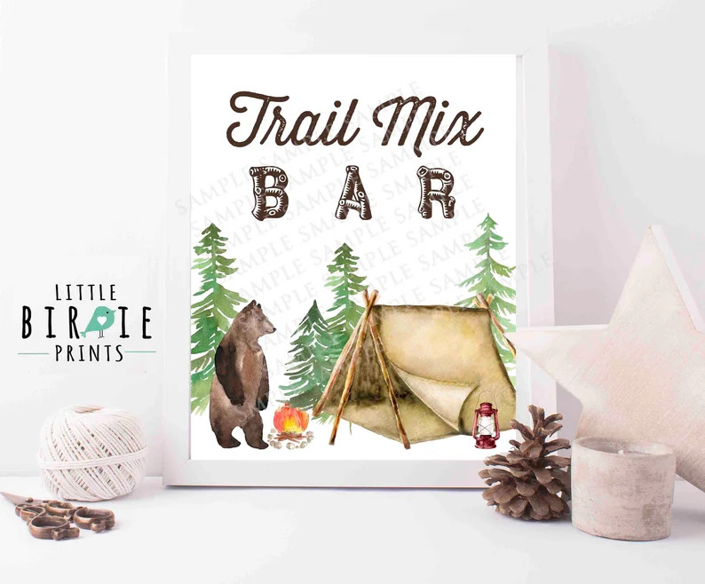 Trail mix bar sign One Happy Camper First Birthday Decorations sign party favor  bar Camping Hunt... | Etsy (US)