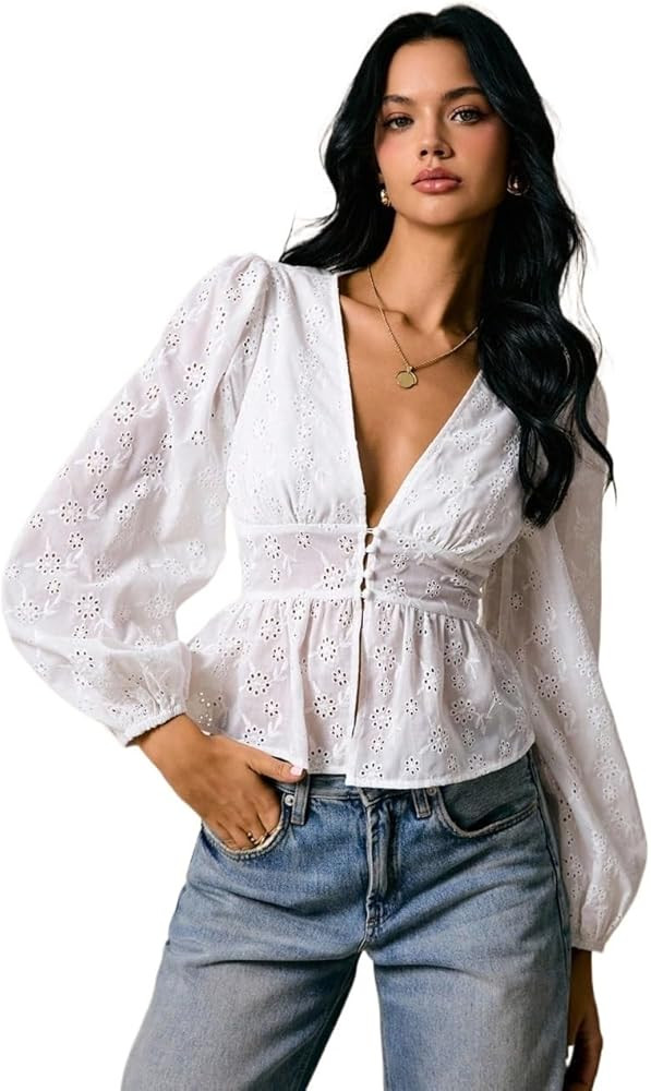 Button Down Shirts for Women Long Sleeve Embroidered Lantern Blouse, Cute Top | Amazon (US)