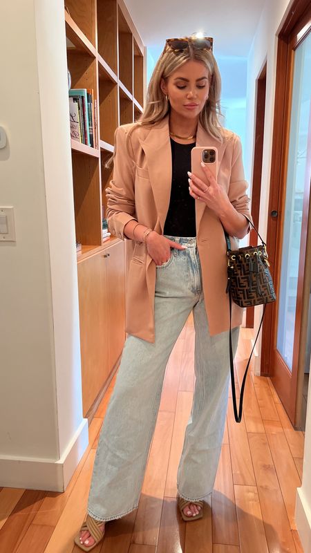 Wearing a small in top / blazer 
27 denim in the light wash for oversized look 