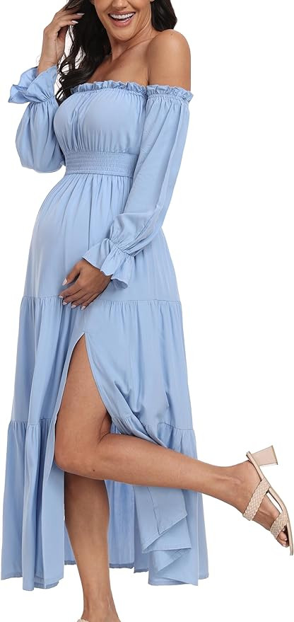 Summer Boho Off Shoulder Maternity Dresses, Long Sleeve Side Split Flowy A Line Tiered Maxi Dress... | Amazon (US)