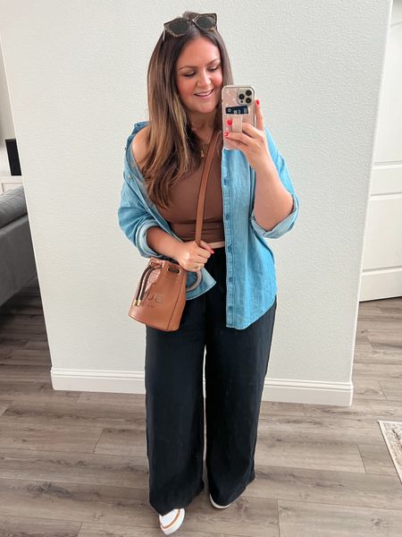 Casual outfit, travel outfit, spring ootd, spring outfit, mom style, wide leg pants, oversized button up, sneakers, midsize, size 12, size 14

Pants, Large long 
Shirt, large
Tank, large

#LTKmidsize #LTKstyletip #LTKtravel