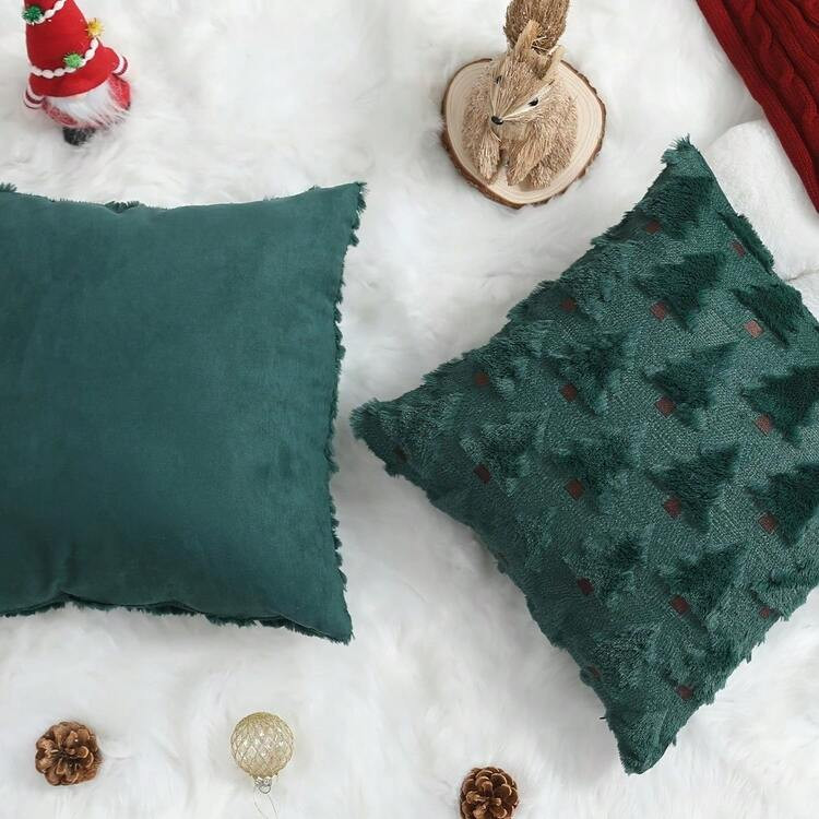 2-Pack Christmas Pillowcases, 18x18 Inches, Beige Christmas Tree Pattern, Soft Faux Fur Sherpa Pi... | SHEIN