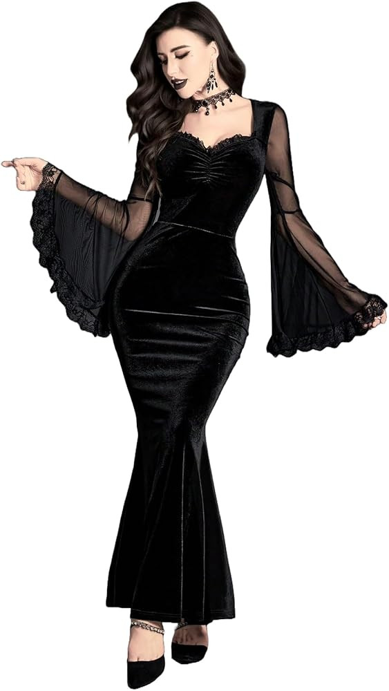 GothDark Womens Goth Dress Black Velvet Mermaid Mesh Bell Sleeve Lace Trim Sexy Vintage Cosplay H... | Amazon (US)