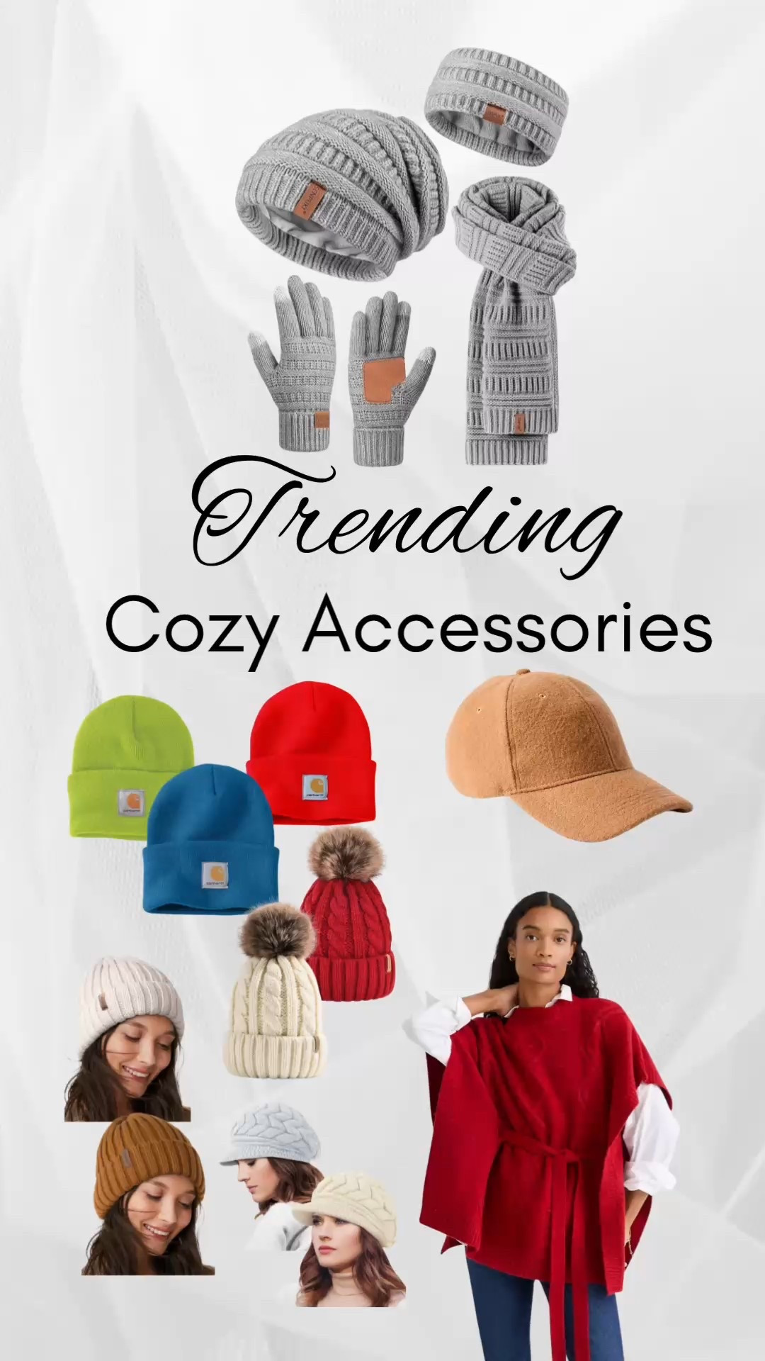 Snuggle up with these lovely warm accessories! Every woman deserves a matching hat, scarf, and pair of gloves. They beautifully tie your cold-weather outfits together and add a chic touch.

If you've already got a matching set, I recommend picking up a pair of cozy socks or an extra hat. I personally adore the camel cap and the charming cable-knit brimmed hats—they're both snug and stylish.

Don't forget to include a light wrap for milder days or when you're relaxing on the couch by your fireplace.
Amazon, Hocspring, gloves, winter hat, scarf, LOFT, GAP, Abercrombie, North Fleece

#LTKStyleTip #LTKSeasonal #LTKFindsUnder50 #LTKmomlife #LTKSaleAlert

