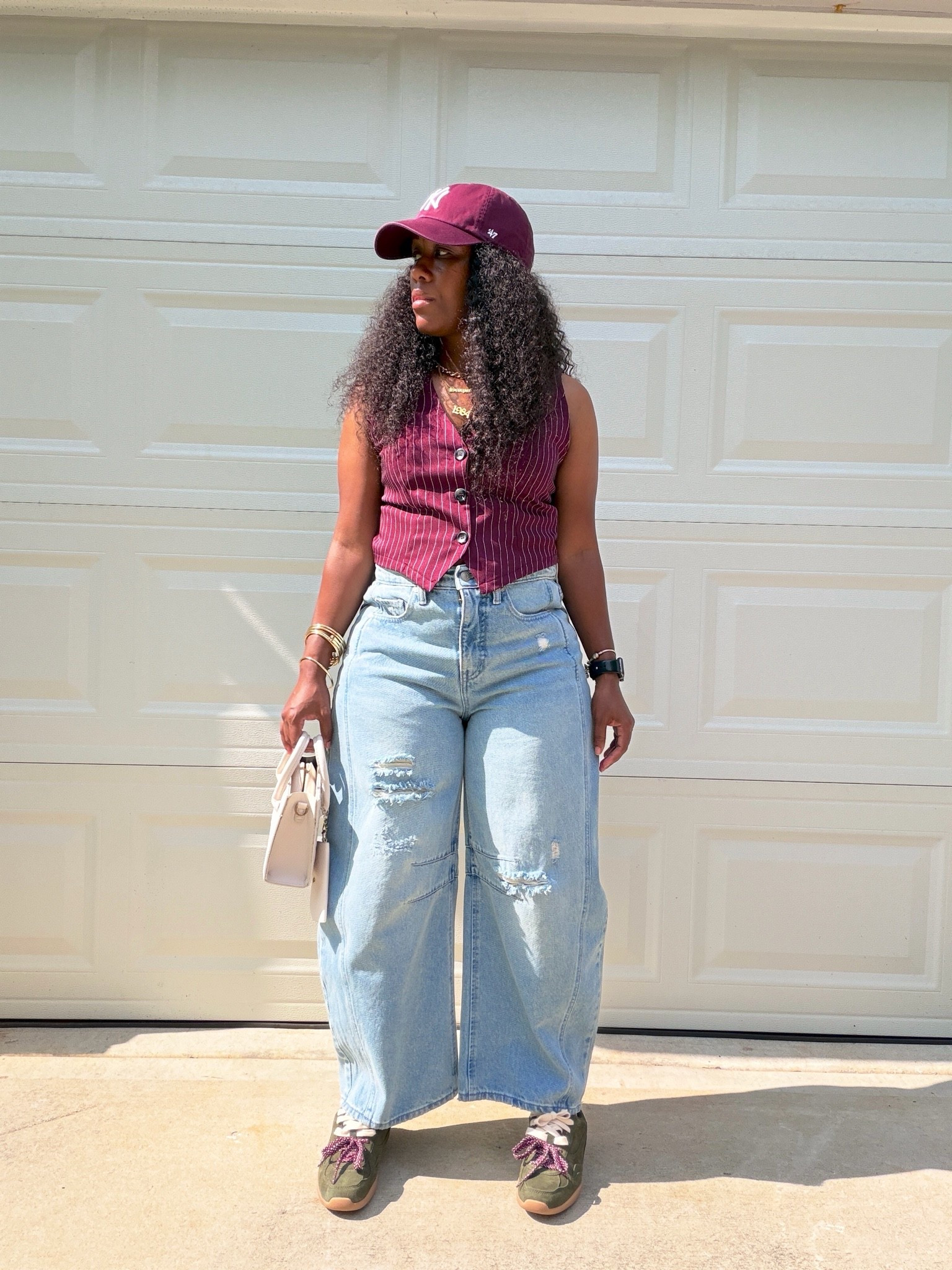 A casual burgundy and denim outfit featuring a SHEIN pinstripe vest, distressed Walmart barrel jeans, a matching burgundy baseball cap and sneakers. I love mixing tailored pieces with relaxed denim for an everyday street-style look.

#LTKPetite #LTKOver40 #LTKootd