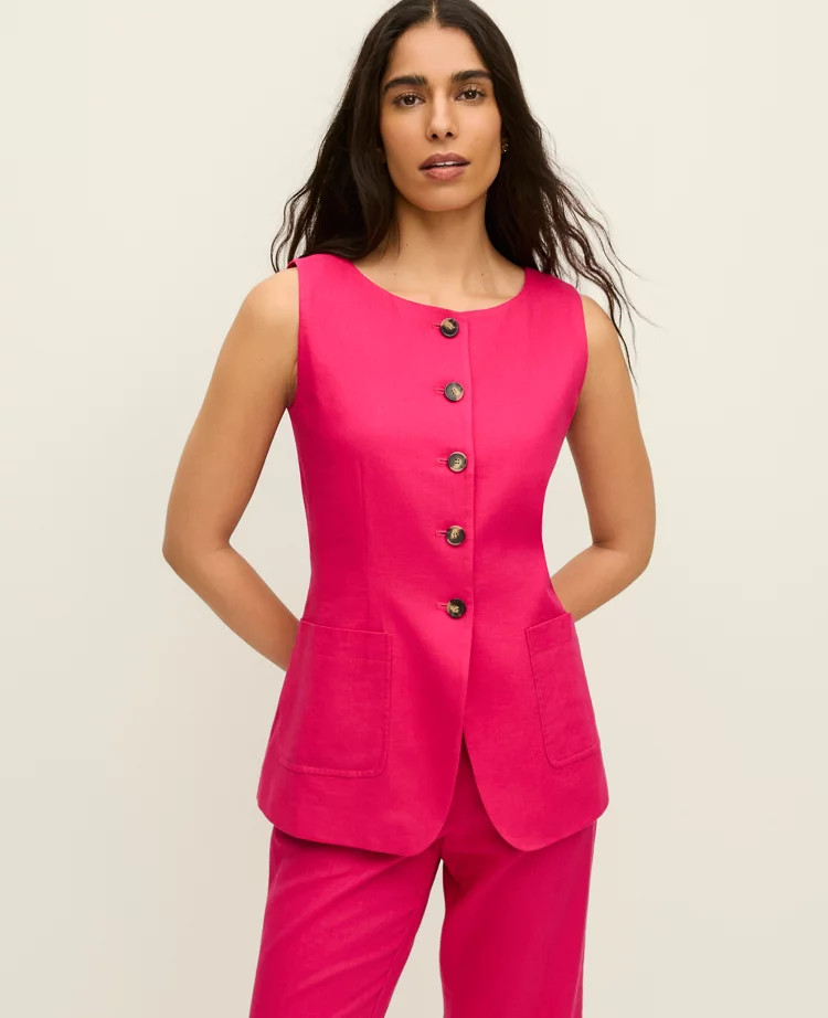 The Long Crew Neck Vest in Linen Blend | Ann Taylor