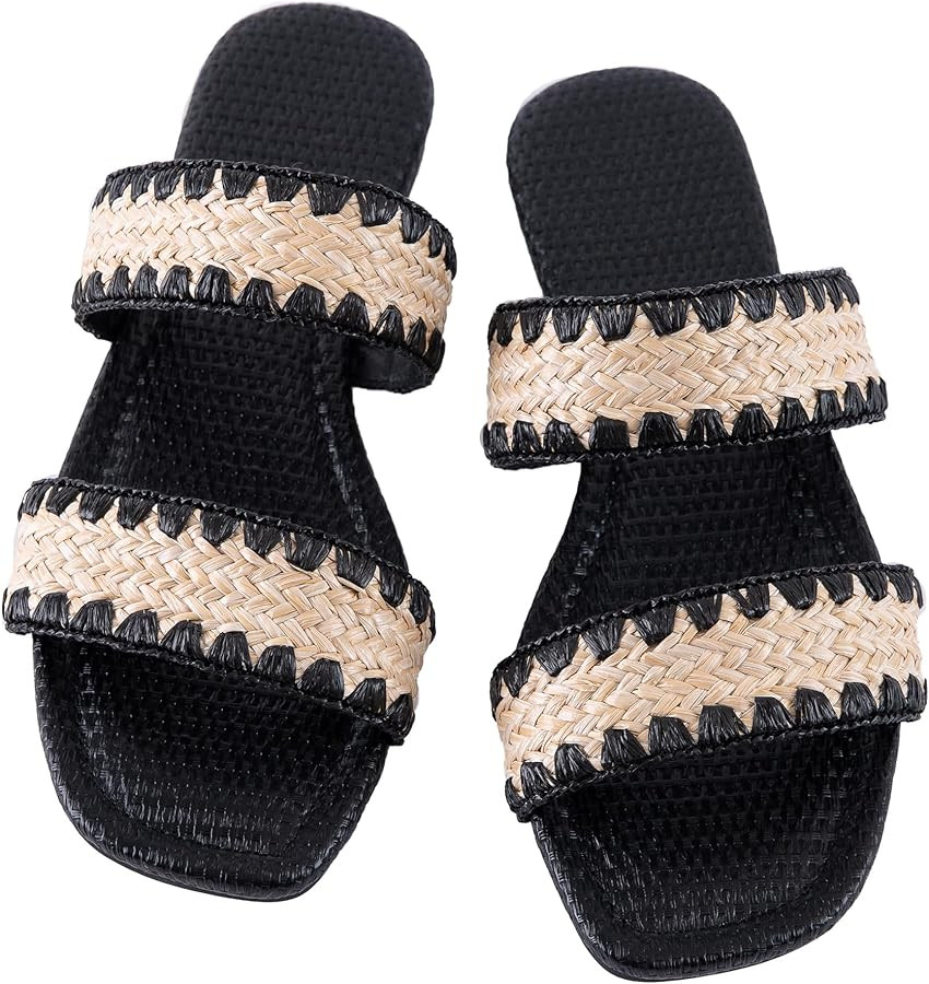 Mtzyoa Women's Sandals Casual Braided Dressy Summer Square Toe Quilted Flat Sandals | Amazon (US)