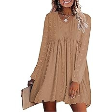 KIRUNDO Women‘s Dresses Long Sleeves Short Mini Dress V Neck Flowy Casual Swiss Dot Loose Fit B... | Amazon (US)