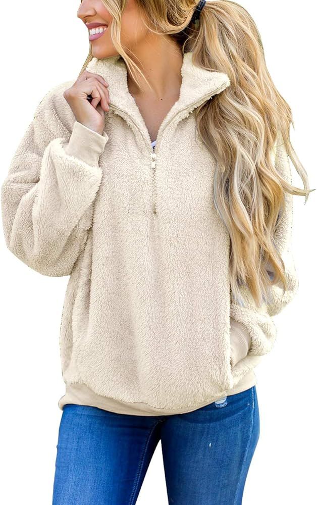 Women's Long Sleeve Contrast Color Zipper Sherpa Pile Pullover Tops Fleece with Pocket | Amazon (US)