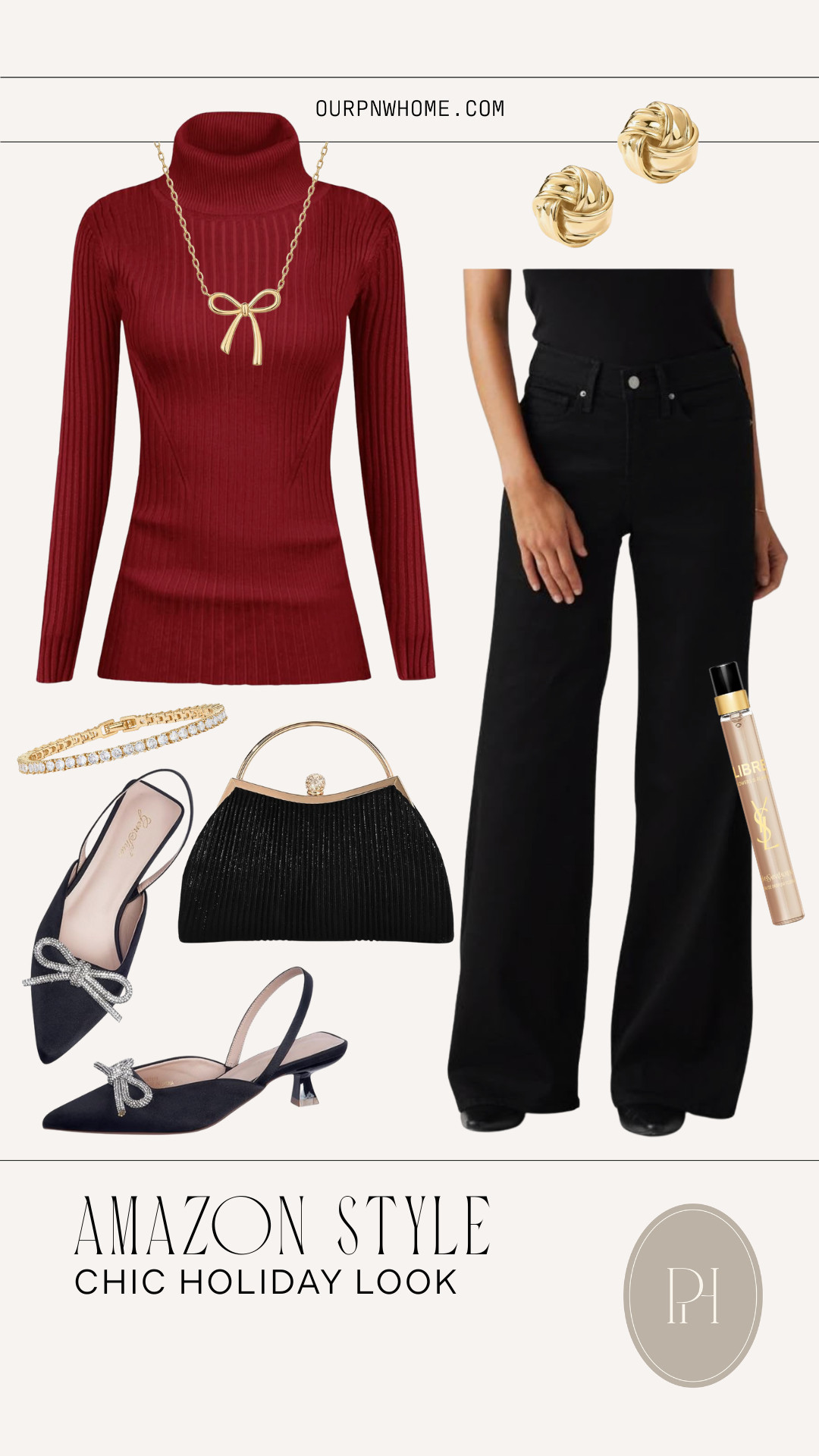 Loving these Amazon finds for a chic holiday look! Perfect for holiday parties!

black jeans, black denim, wide leg jeans, wide leg denim, flared jeans, dressy casual look, red turtleneck, turtleneck sweater, bow necklace, holiday sweater, knot earrings, gold stud earrings, gold necklace, tennis bracelet, black handbag, sparkly handbag, bow kitten heels, black kitten heels, holiday party outfit, holiday party look, roll on perfume, roll on fragrance 

 #LTKHoliday #LTKStyleTip #LTKShoeCrush
