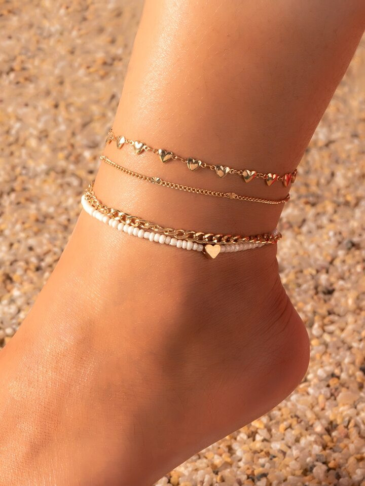 4pcs Bead & Heart Decor Anklet | SHEIN