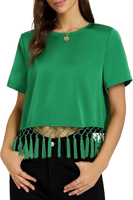 Ladyful Women's Satin Silk Blouse Fringe Tassel Hem Short Sleeve Crew Neck Loose Fit Boho T-Shirt Casual Dressy Cropped Top | Amazon (US)