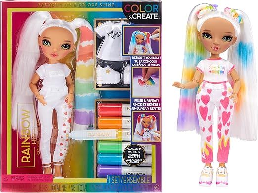 Rainbow High Color & Create Fashion DIY Doll with Washable Rainbow Markers, Green Eyes, Straight ... | Amazon (US)