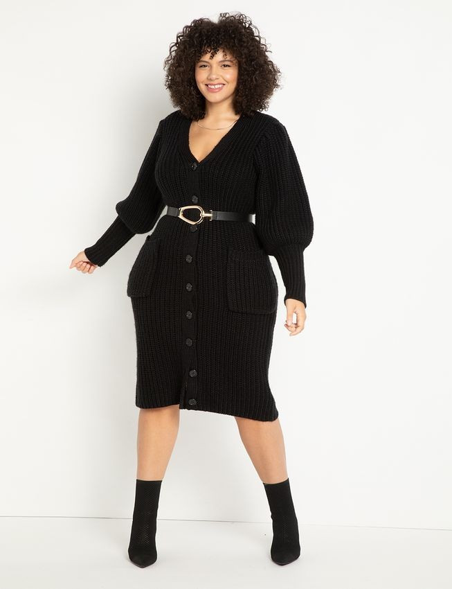 Puff Sleeve Cardigan Sweater Dress | Eloquii