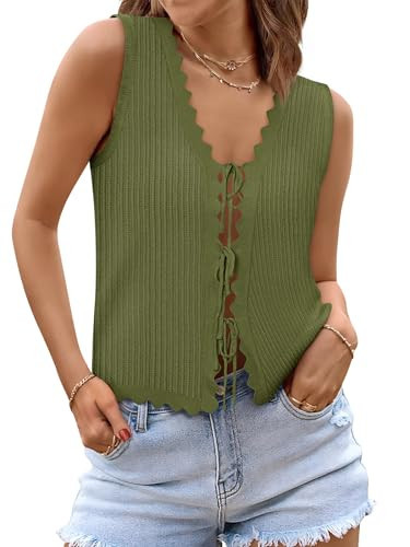 COCCKO Tie Front Tops For Women Trendy Summer V Neck Sweater Vest Cardigans Lightweight Crochet Spring Outfits 2025 | Amazon (US)