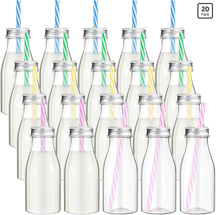 Yinkin 20 Sets Plastic Milk Bottles with Straws Lids Clear Plastic Containers for Dairy Milk Part... | Amazon (US)