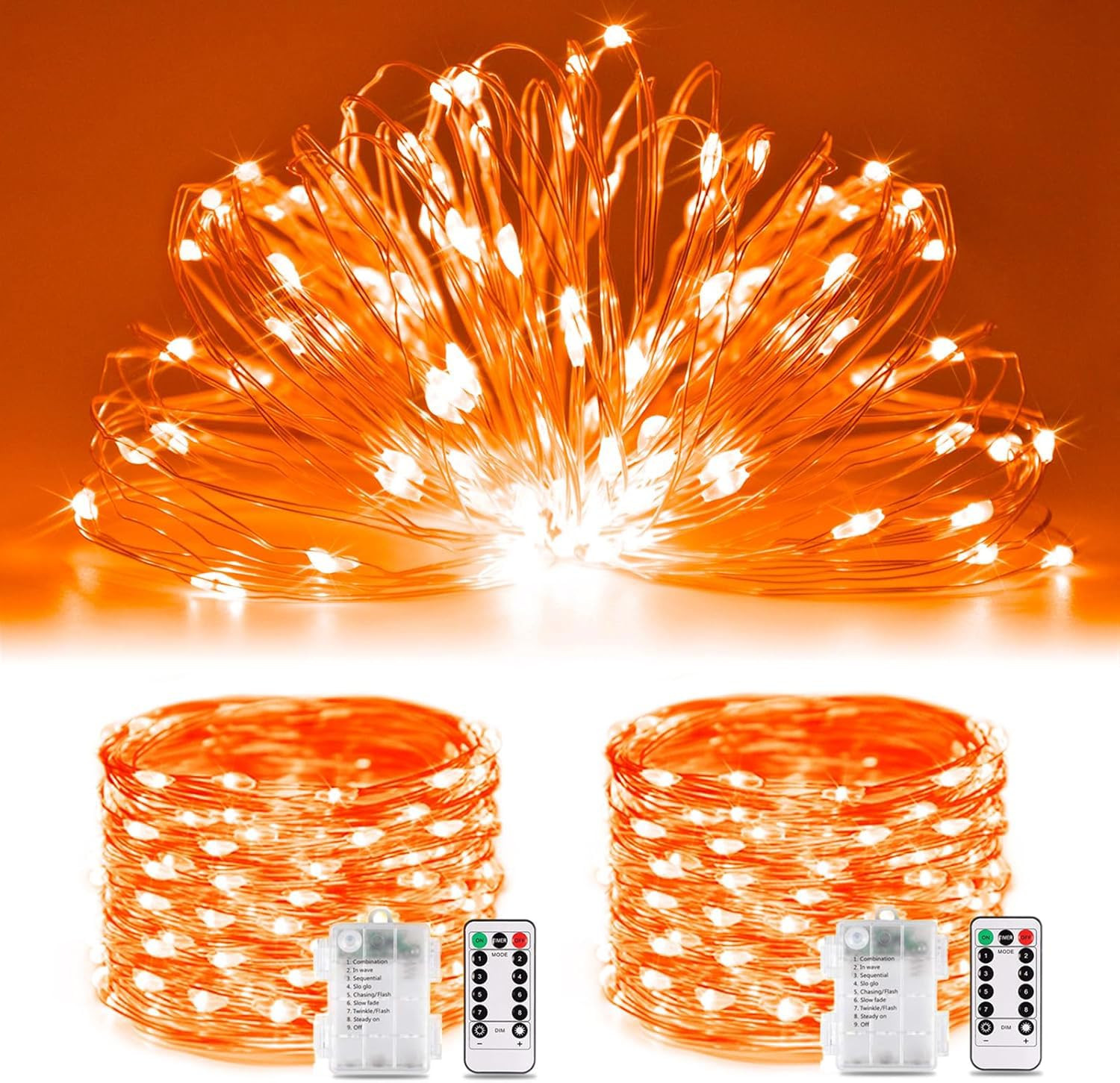 JMEXSUSS 2 Pack Orange Fairy Lights, Total 200 LED 66ft Battery Operated Halloween Lights with Re... | Amazon (US)
