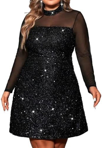 Plus Size Sexy Sheer Mesh Long Sleeve Rhinestones Sequin Party Night Club Dress | Amazon (US)