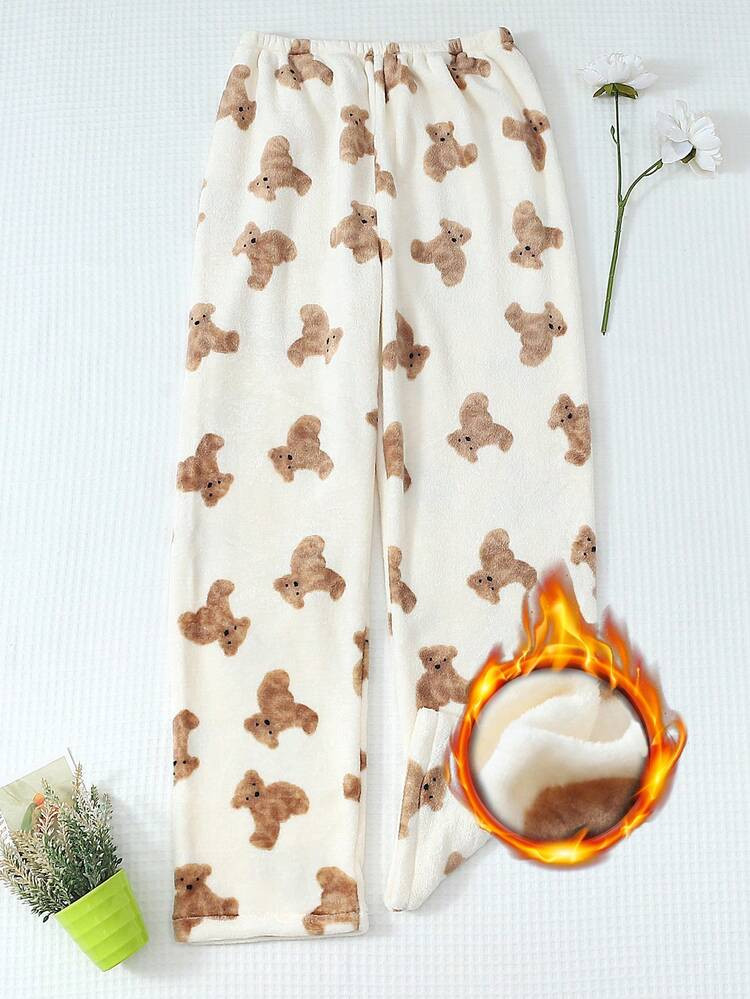 1pc Women's Cute Apricot Teddy Bear Print Soft & Comfortable Flannel Pajama Pants, Autumn/Winter, Fall | SHEIN