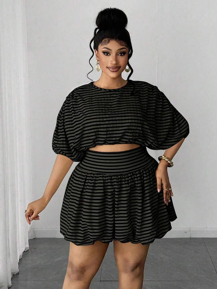 Maweii Plus Size Women's Vintage Party & Holiday Short Sleeve Top And Ruffle Mini Skirt 2-Piece S... | SHEIN