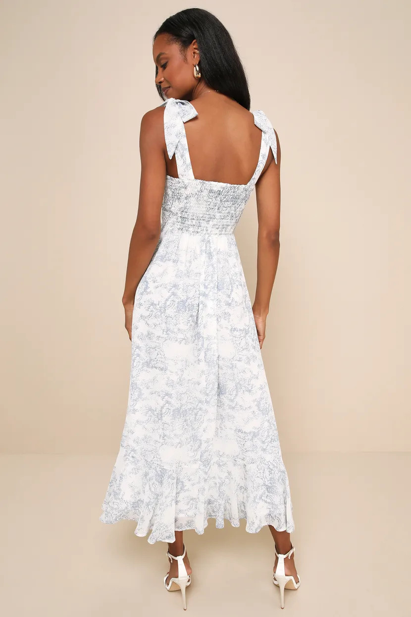 Summer Invite White and Blue Toile Tie-Strap Tiered Midi Dress | Lulus