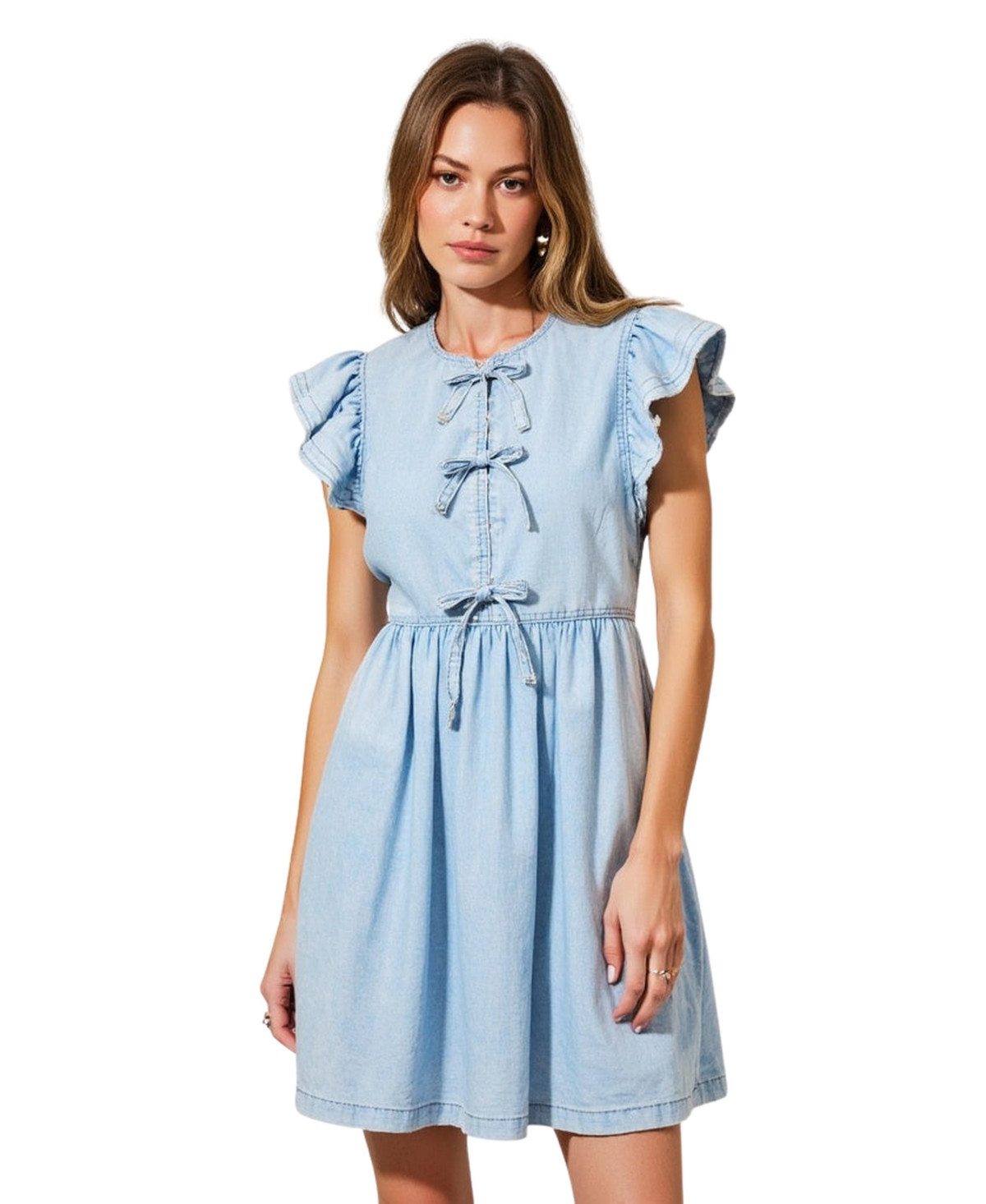 Modenaire Women's Sleeveless Ruffle Bow-Tie Front Drawstring Mini Dress - Blue | Macy's