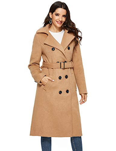 Escalier Womens Wool Coat Double Breasted Pea Coat Winter Long Trench Coat with Belt Camel L | Amazon (US)