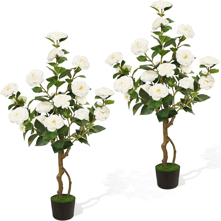 Artificial Camellia Tree 2 Pack, 42'' Faux Camellia Plant in Pot with 24 Blooming Flowers, Fake G... | Amazon (US)