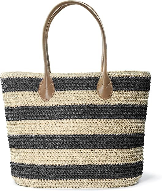 Striped Synthetic Straw Women's Tote Light Weight Vaction Shoulder Handbag | Amazon (US)