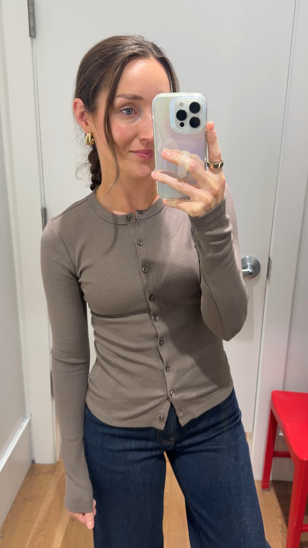 This T-shirt cardigan is so good that we both bought it! Wearing an XS.