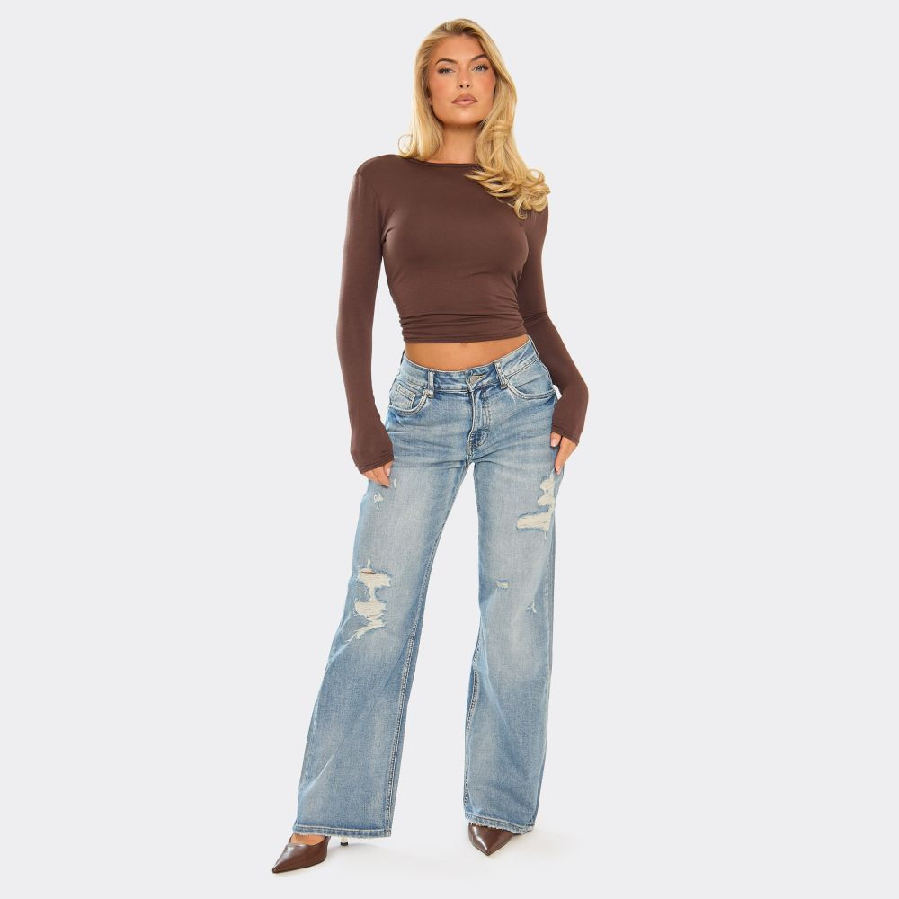 Mid Rise Distressed Detail Jeans In Washed Blue Denim | EGO (UK)